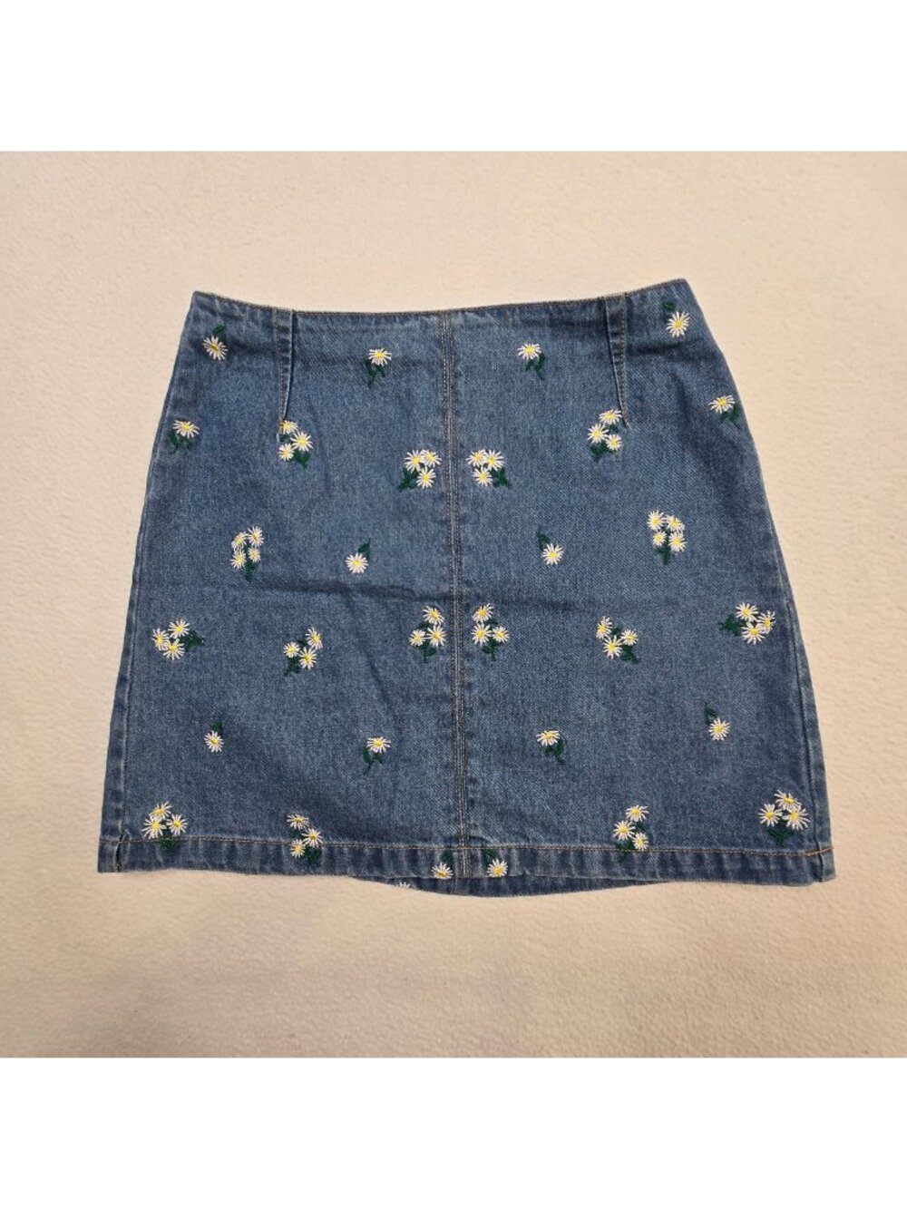 H&M Divided Womens 4 Denim Mini Skirt Floral Daisies Embroidered Blue